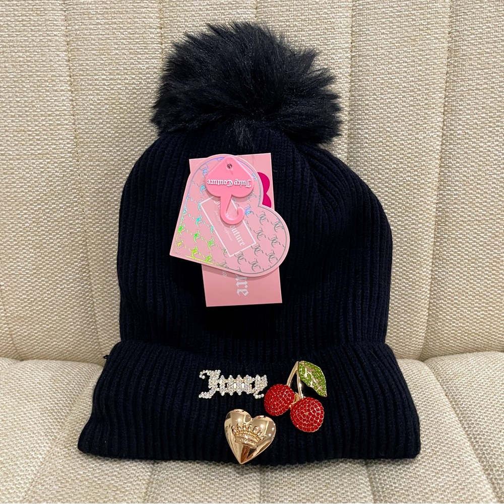 NEW Juicy Couture Black Ribbed Beanie Faux Fur Pom Rhinestone Cherry Heart NWT